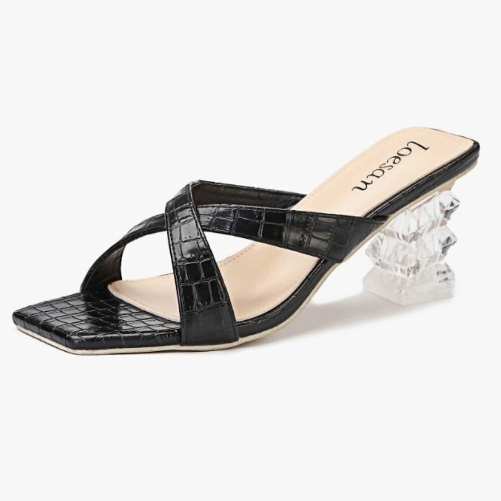 Square Heels Sandals Block Lucite Clear Chunky Heel Mules Peep Toe, Size EUR 37